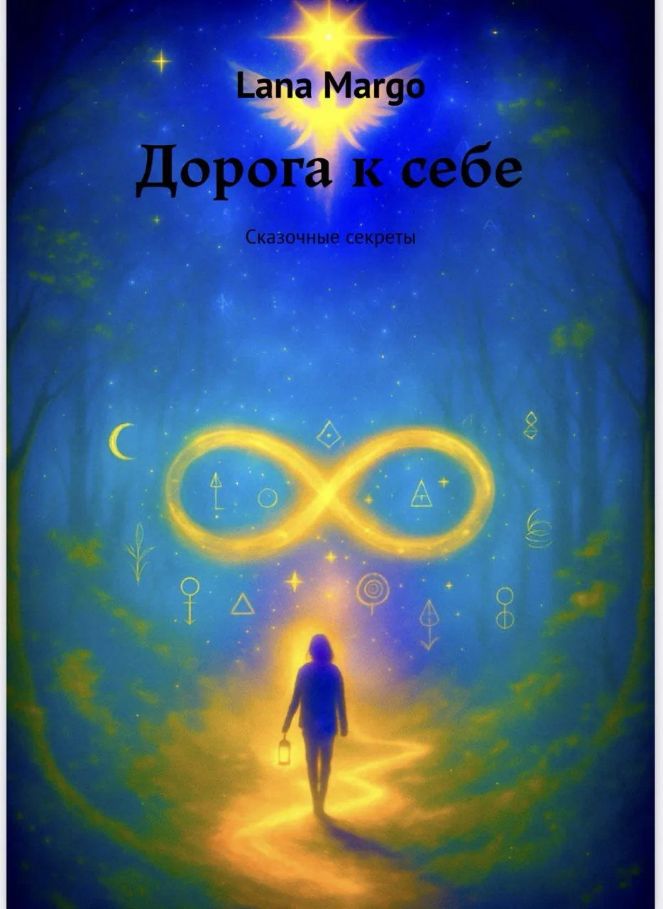 Обложка книги Ланы Марго «Дорога к себе. Сказочные секреты» с фигурой, идущей к светящемуся знаку бесконечности